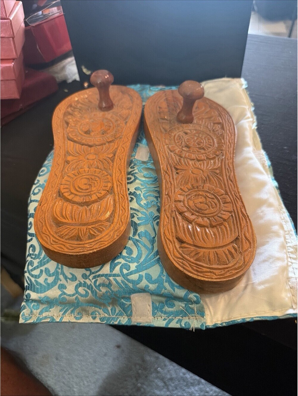 Handcrafted Wooden Khadau Slipper Charan Paduka For Wearing With Silk Carry Bag